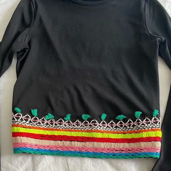 Alice & Olivia-Black Longsleeve Delania Crop Top w/ Neon Multicolor Embroidery - Picture 12 of 12